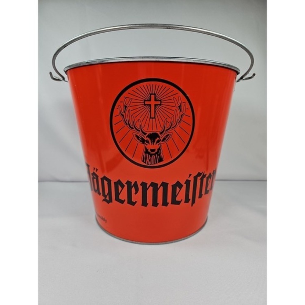 Vintage Collectible Jagermeister Ice Bucket Orange Metal Handle Barware Man Cave